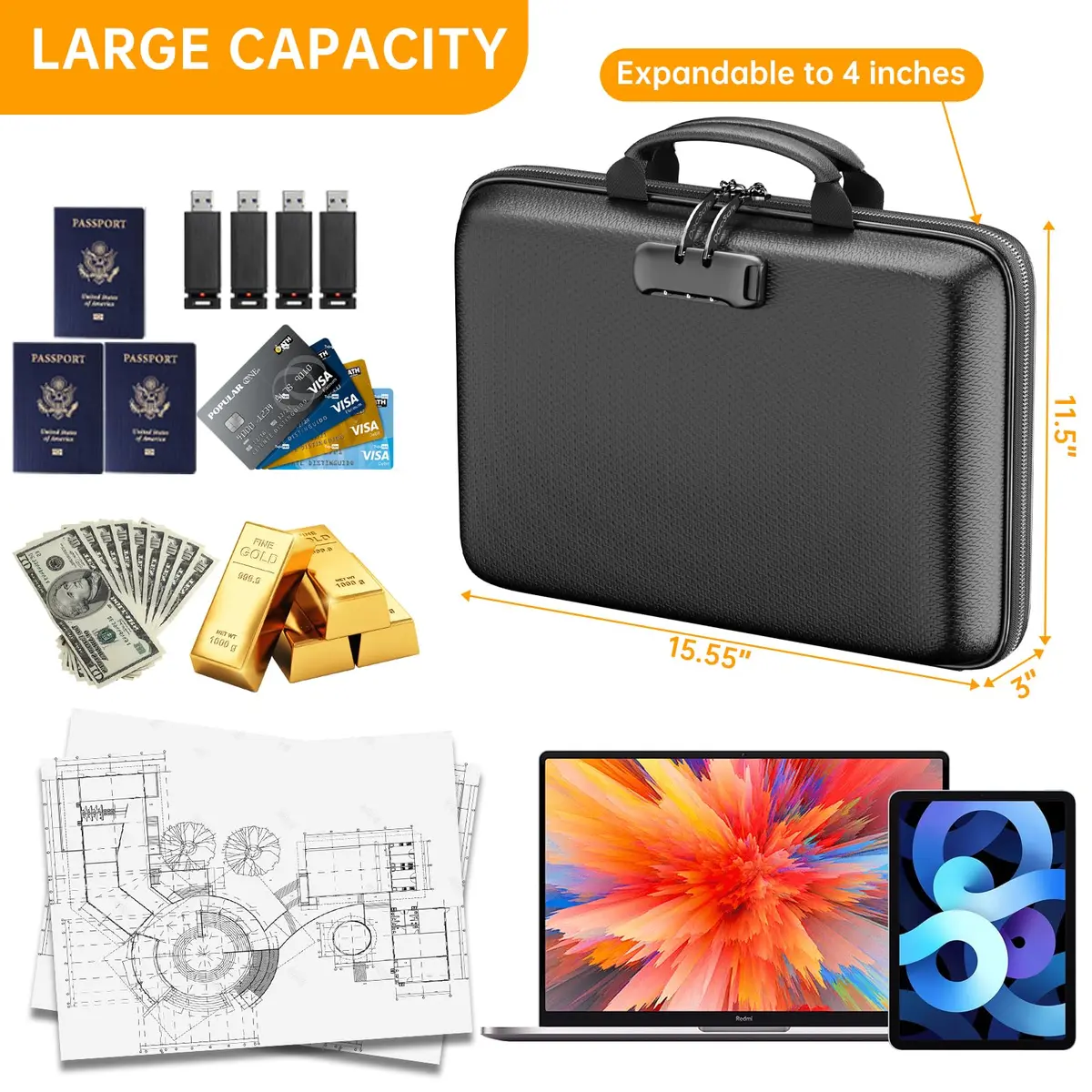 DocSafe Fireproof Document Box with Lock & Accordion File Folder, 36.8 cm (14.5") | UL94-V0/5VA Flame Retardant - view 4
