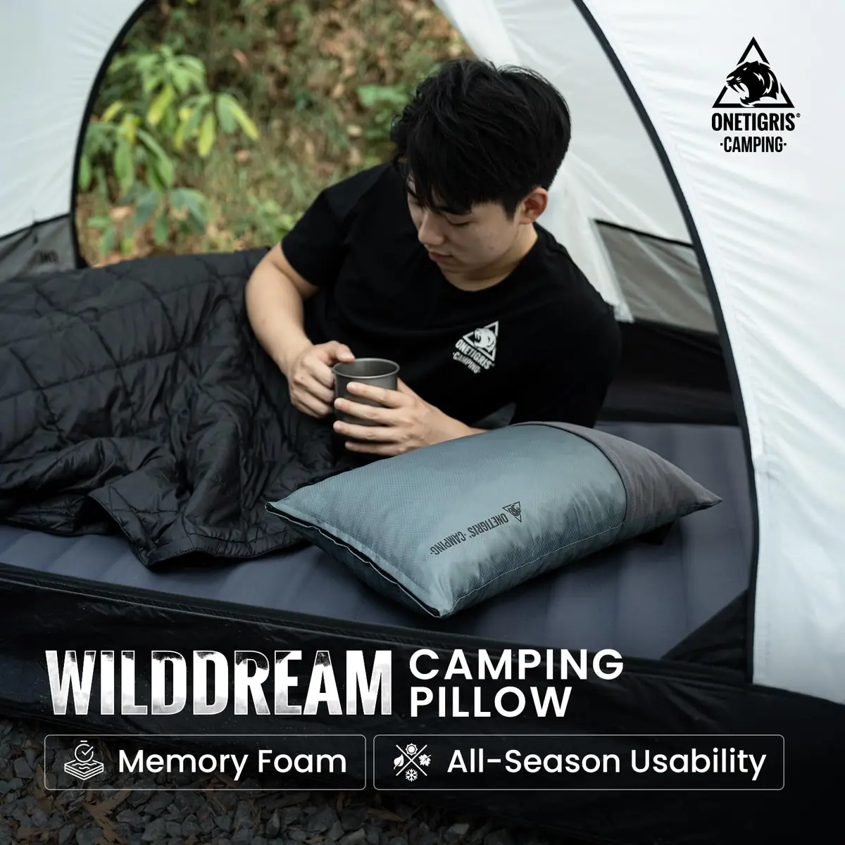 ONETIGRIS Wilddream Camping Pillow Shredded Memory Foam Medium Cool Gray | Compact & Comfortable for Backpacking, Travel, and Car Trips - view 2