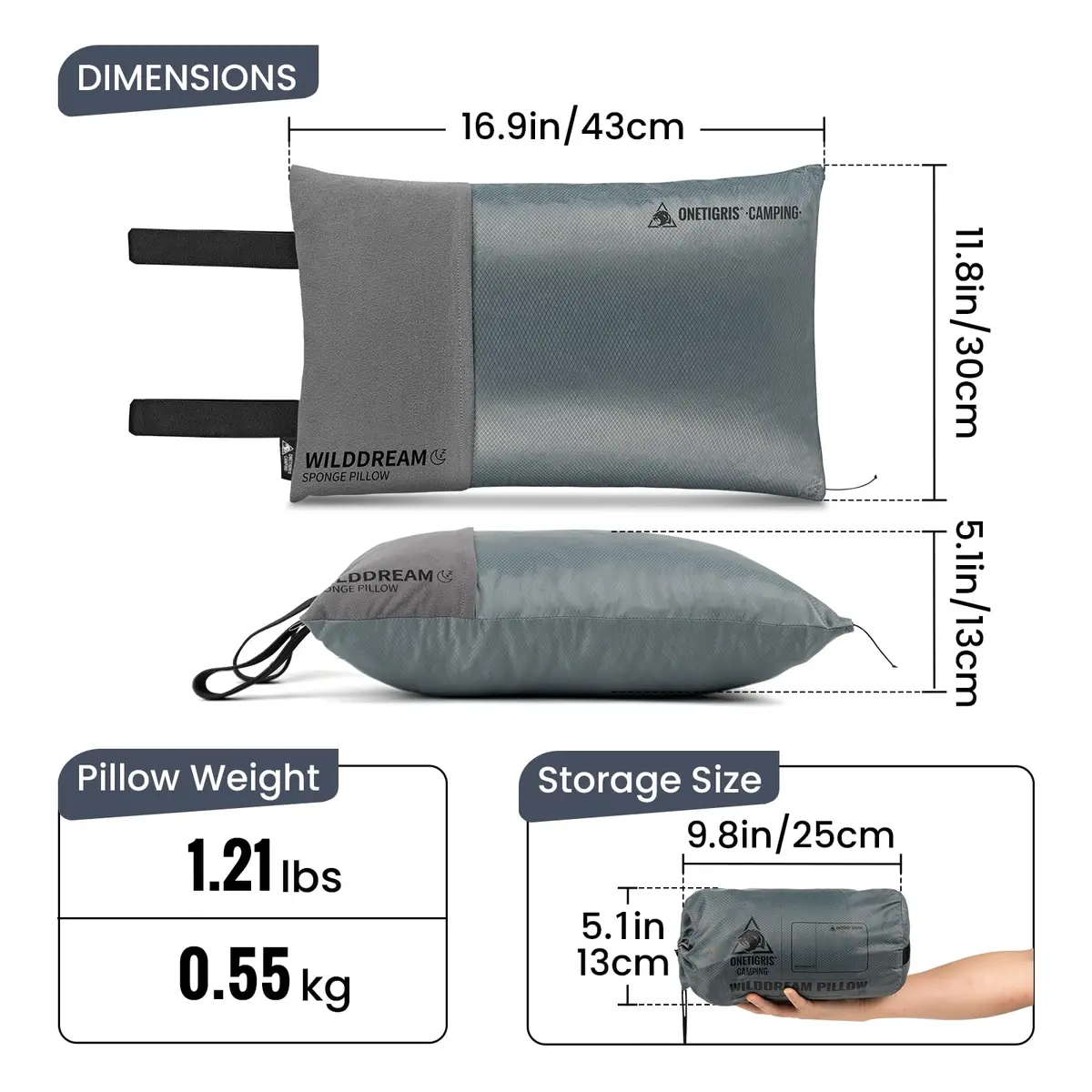 ONETIGRIS Wilddream Camping Pillow Shredded Memory Foam Medium Cool Gray | Compact & Comfortable for Backpacking, Travel, and Car Trips - view 3