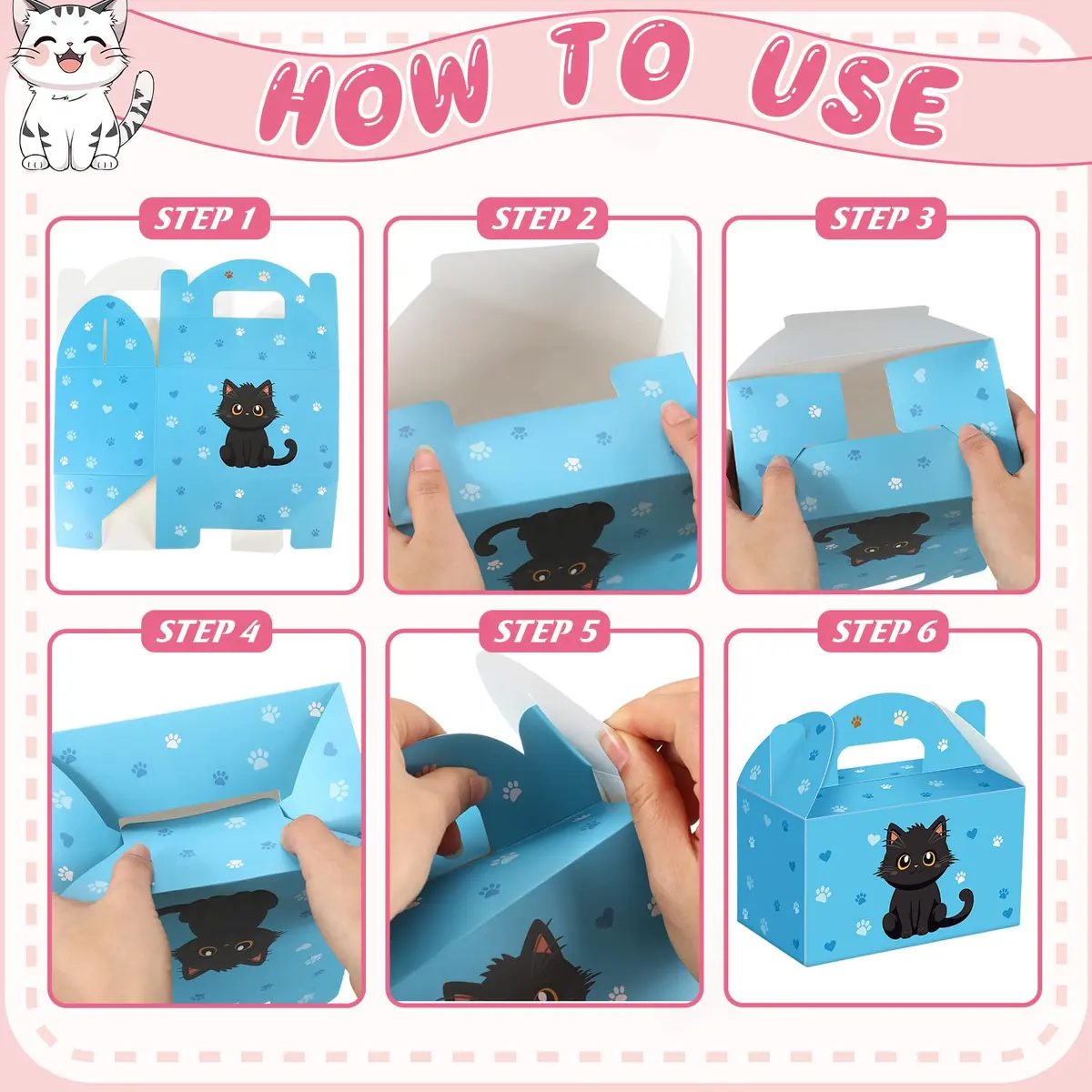 Dunzoom Cat Party Favors Treat Boxes 24 Pack | Foldable Kitten Goodie Bags for Cat Themed Parties - view 5