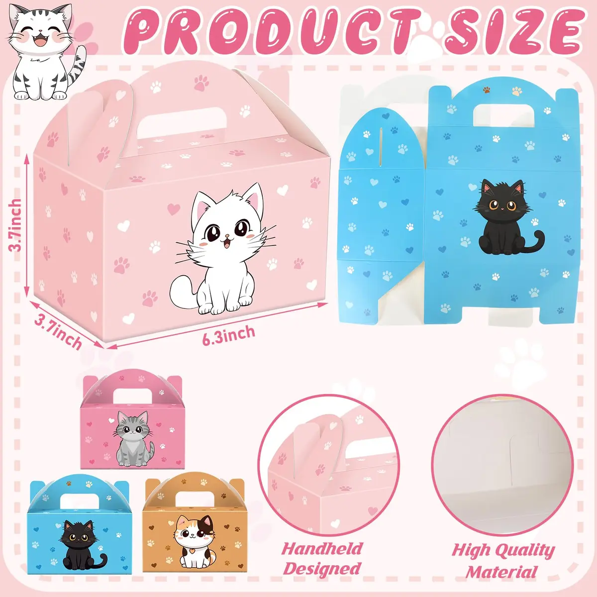 Dunzoom Cat Party Favors Treat Boxes 24 Pack | Foldable Kitten Goodie Bags for Cat Themed Parties - view 2