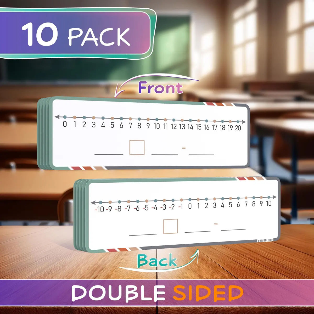 Scribbledo Dry Erase Negative Number Line Sheets (4x12 Inch, 10-Pack) | Visual Math Practice for Grades 2-6 - view 3