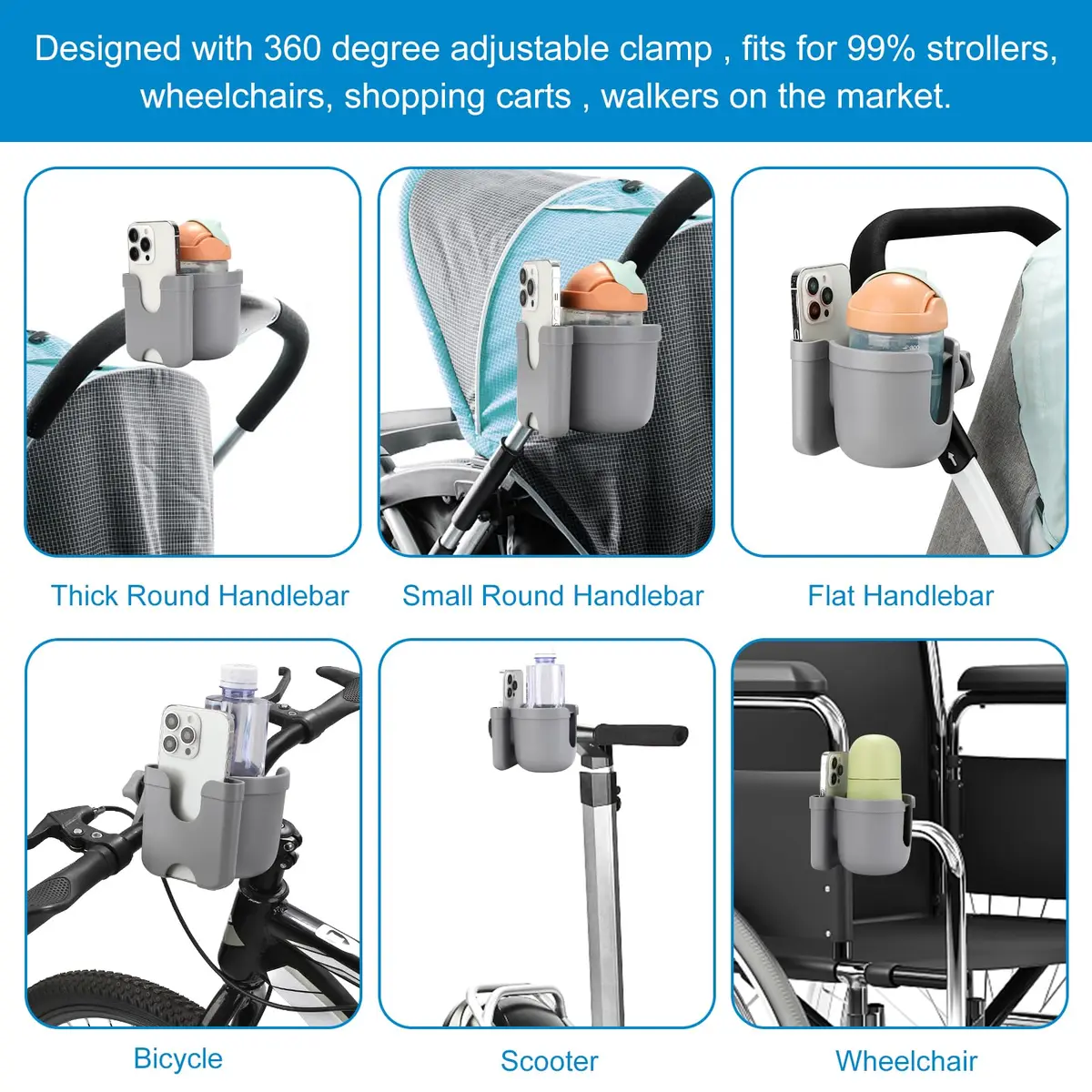 Accmor Universal Stroller Cup Holder with Phone, Bike & Wheelchair Attachment | Fits Uppababy Graco - view 7