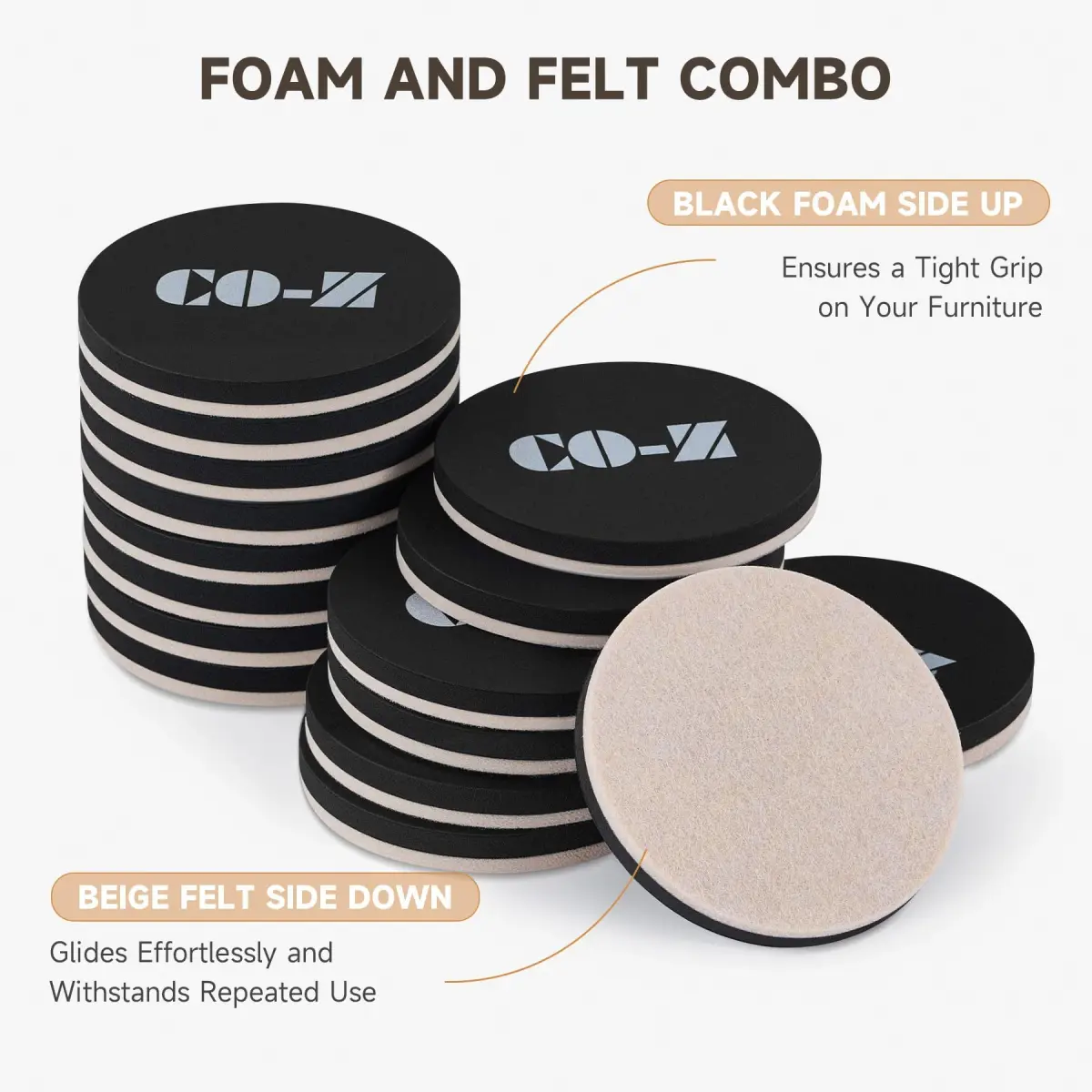 CO-Z 16pcs Felt Furniture Sliders for Hardwood Floors, 3.5 in (8.89 cm) Reusable Furniture Pads | Heavy Furniture Movers for Hard Surfaces - view 4