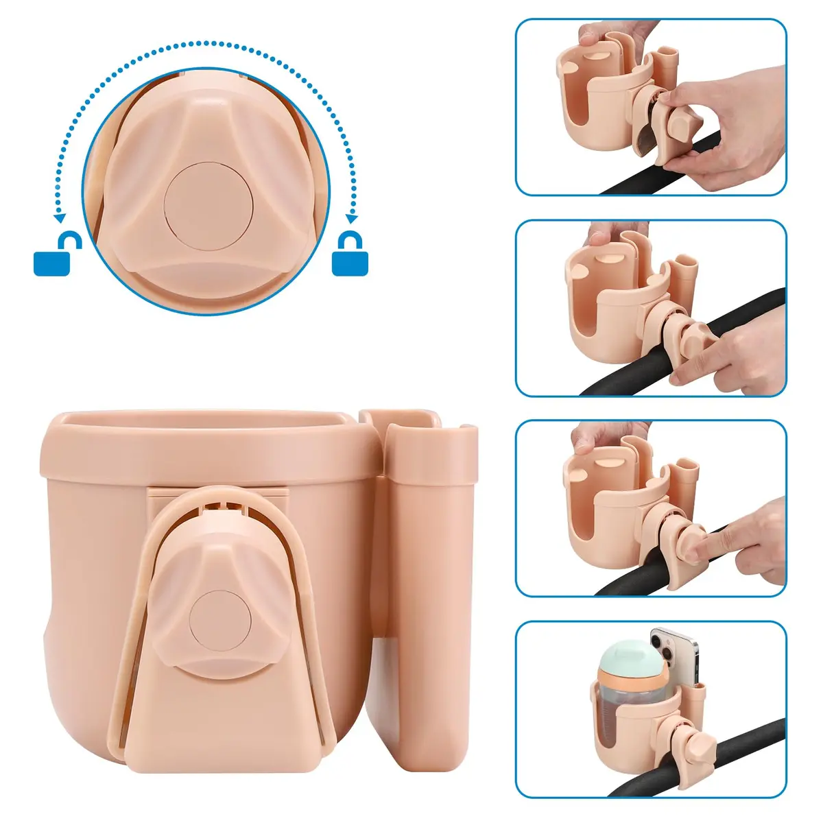 Accmor Stroller Cup Holder with Phone Holder, Universal Fit, 0.55–1.7 in Clamp, Durable ABS | Fits Uppababy, Graco, Bugaboo, Nuna - view 6