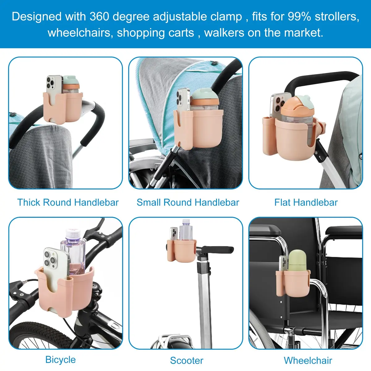 Accmor Stroller Cup Holder with Phone Holder, Universal Fit, 0.55–1.7 in Clamp, Durable ABS | Fits Uppababy, Graco, Bugaboo, Nuna - view 8
