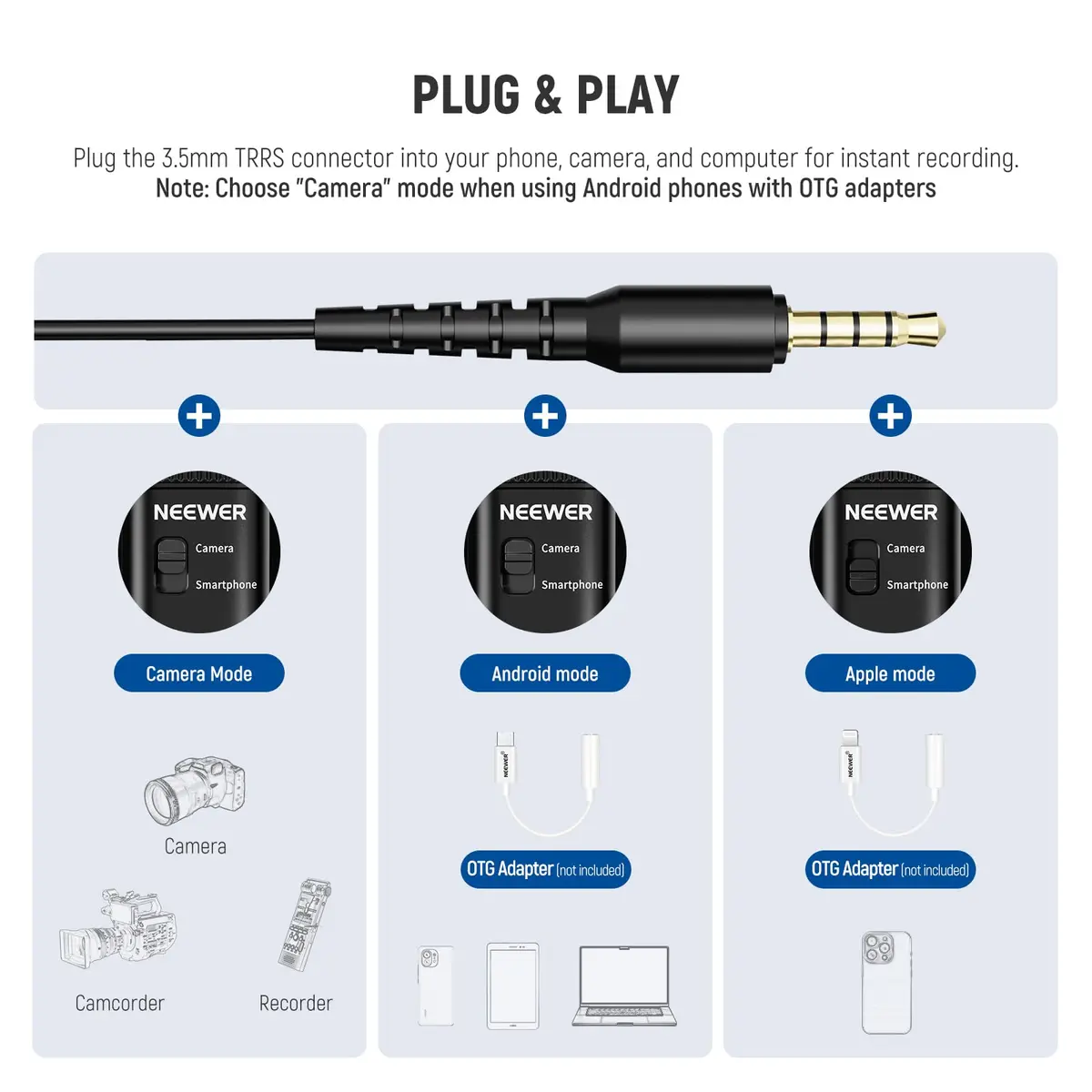 NEEWER Microphone CM10 | 360° Omnidirectional Lavalier Lapel Mic for Camera & Phone, 1.5m Cable, Low Frequency Cut, Gain Control, Monitoring Jack - view 5