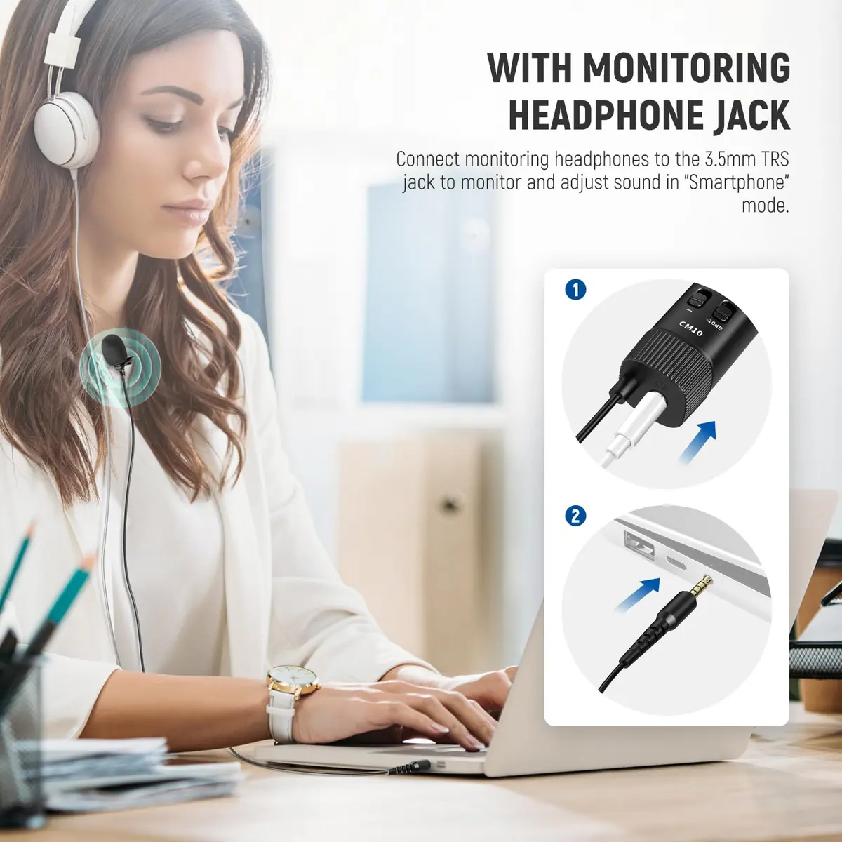 NEEWER Microphone CM10 | 360° Omnidirectional Lavalier Lapel Mic for Camera & Phone, 1.5m Cable, Low Frequency Cut, Gain Control, Monitoring Jack - view 6