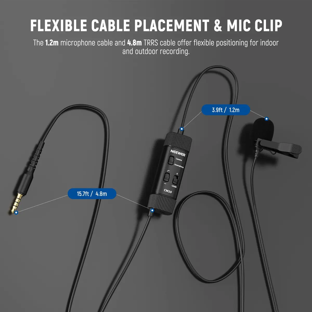 NEEWER Microphone CM10 | 360° Omnidirectional Lavalier Lapel Mic for Camera & Phone, 1.5m Cable, Low Frequency Cut, Gain Control, Monitoring Jack - view 7