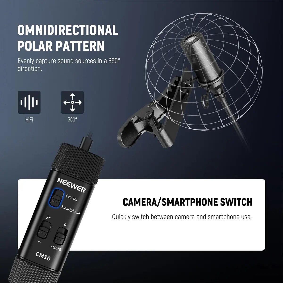NEEWER Microphone CM10 | 360° Omnidirectional Lavalier Lapel Mic for Camera & Phone, 1.5m Cable, Low Frequency Cut, Gain Control, Monitoring Jack - view 2