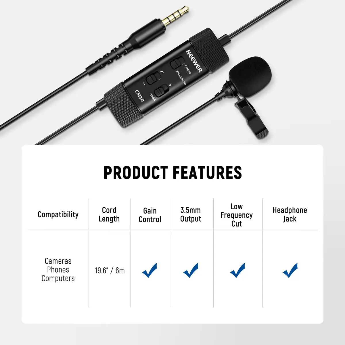 NEEWER Microphone CM10 | 360° Omnidirectional Lavalier Lapel Mic for Camera & Phone, 1.5m Cable, Low Frequency Cut, Gain Control, Monitoring Jack - view 3