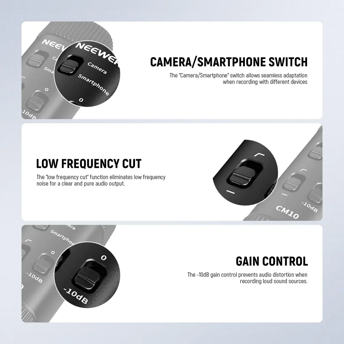 NEEWER Microphone CM10 | 360° Omnidirectional Lavalier Lapel Mic for Camera & Phone, 1.5m Cable, Low Frequency Cut, Gain Control, Monitoring Jack - view 4