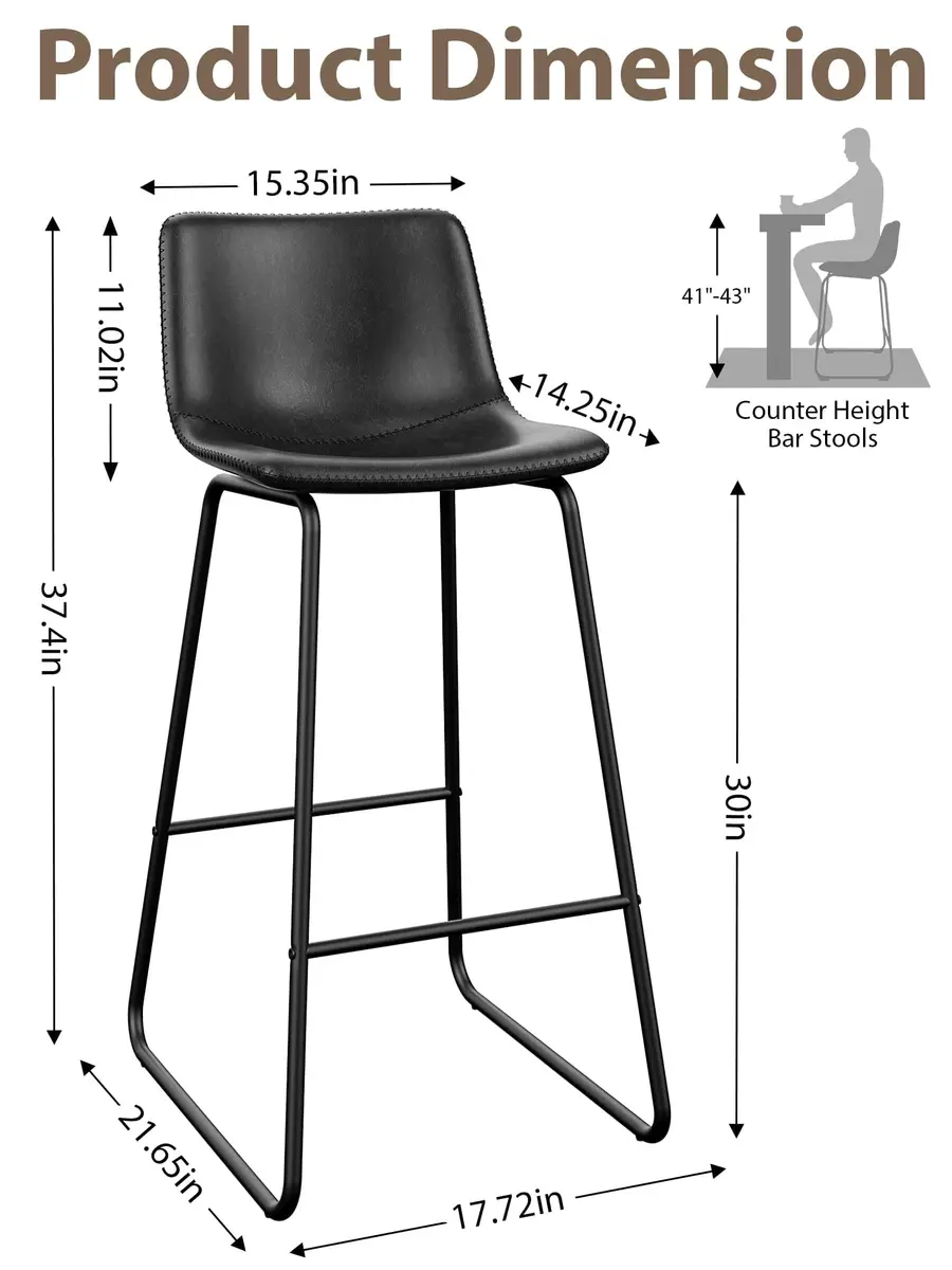Aowos 30in Bar Stools Counter Height Chairs Set of 2 Metal Legs | Modern Faux Leather Seating (70-120c) - view 5