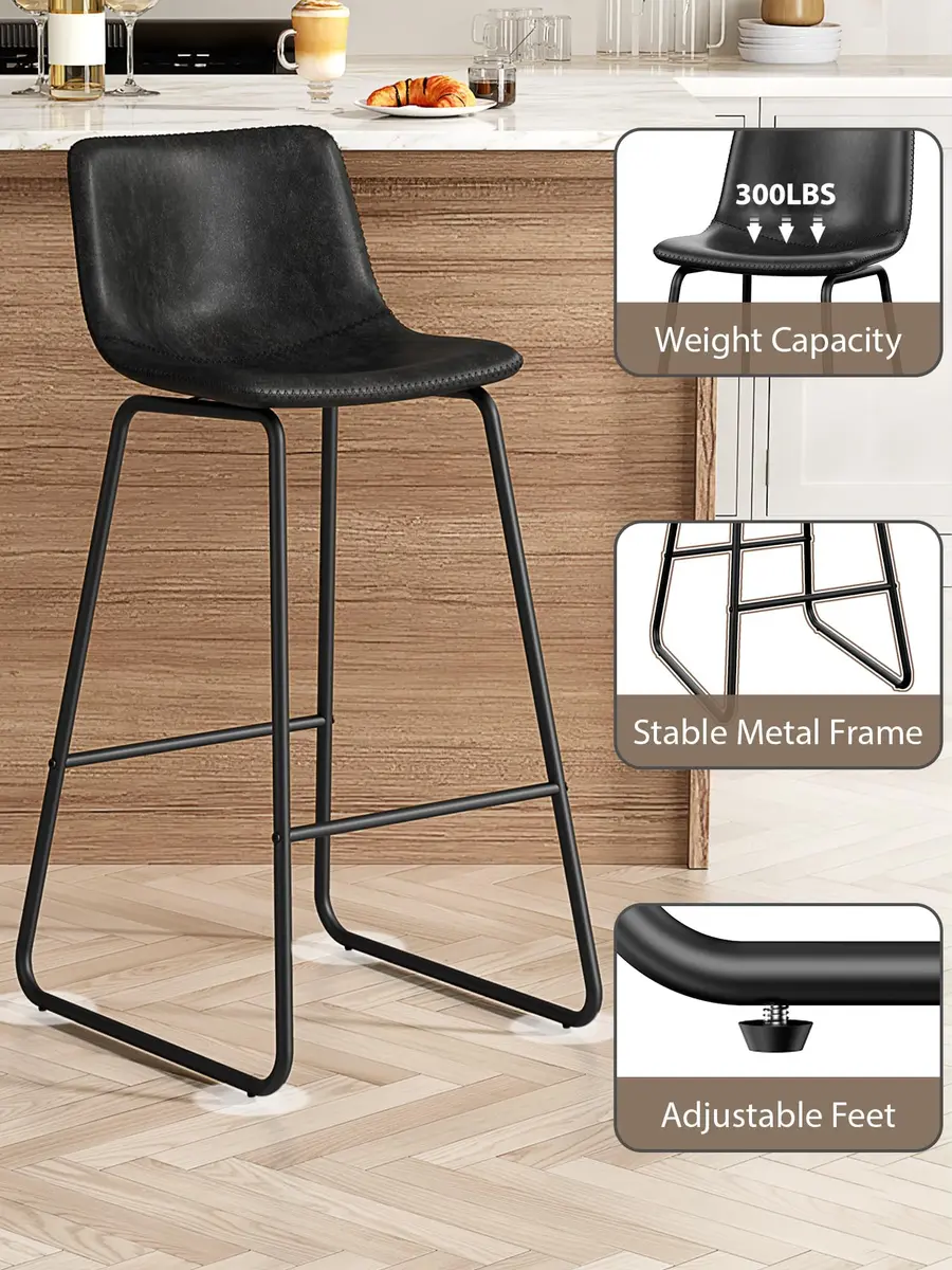Aowos 30in Bar Stools Counter Height Chairs Set of 2 Metal Legs | Modern Faux Leather Seating (70-120c) - view 6