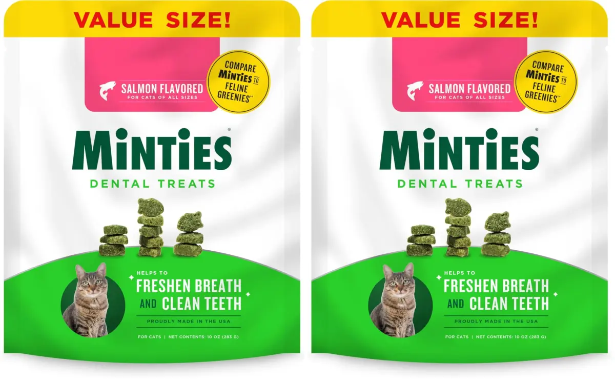 Minties Dental Treats for Cats Salmon Flavor | 20 oz (567 g) | Pack of 2 | Freshens Breath & Controls Tartar - main product image