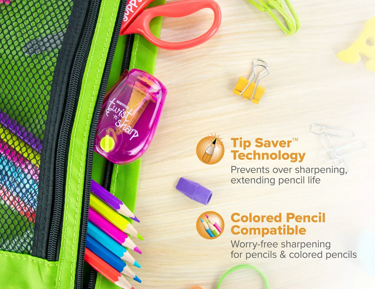 Bostitch Twist-n-Sharp Pencil Sharpener, Kids & Colored Pencils, Pink | Customizable Point & Tip Saver Technology - view 6
