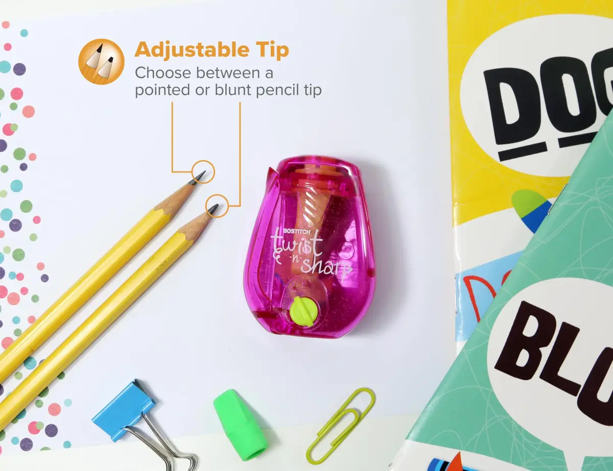Bostitch Twist-n-Sharp Pencil Sharpener, Kids & Colored Pencils, Pink | Customizable Point & Tip Saver Technology - view 2