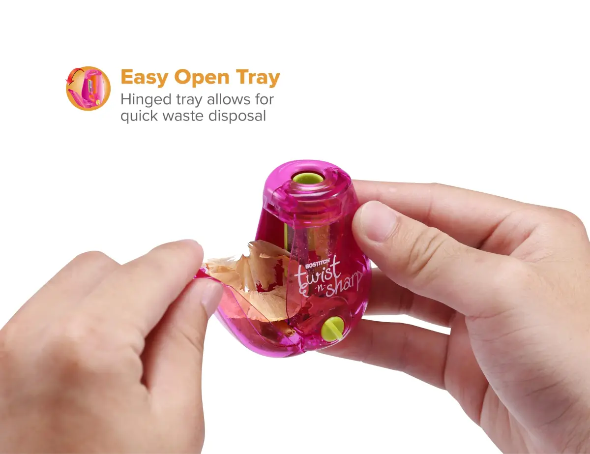 Bostitch Twist-n-Sharp Pencil Sharpener, Kids & Colored Pencils, Pink | Customizable Point & Tip Saver Technology - view 3