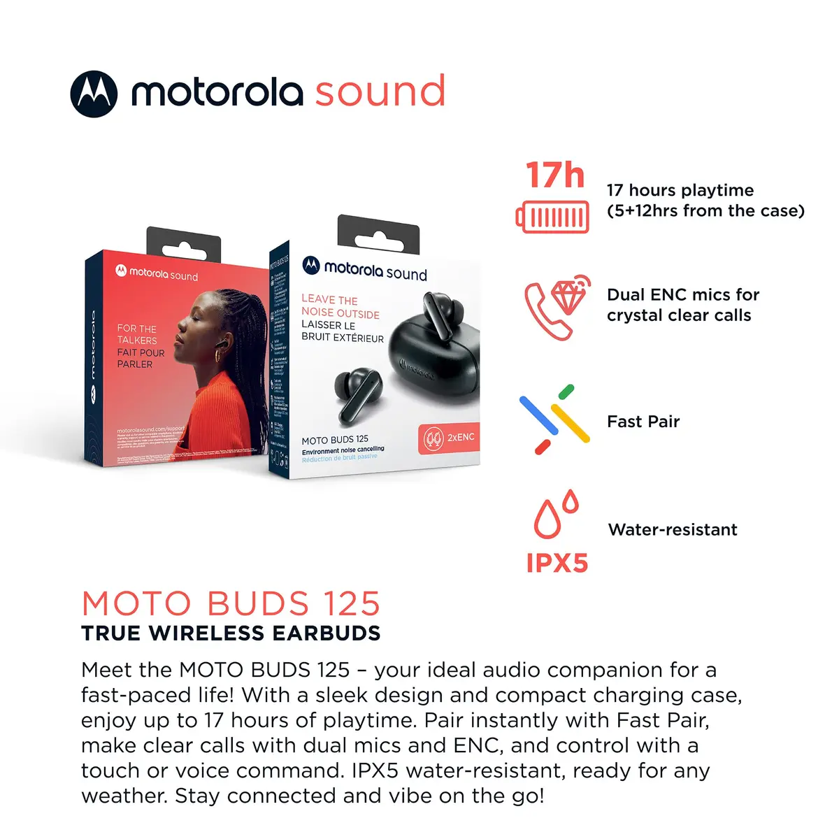 Motorola Sound Moto Buds 125 True Wireless Earbuds Black | IPX5 Waterproof, Bluetooth 5.2, 17 Hrs Total Playtime - view 2
