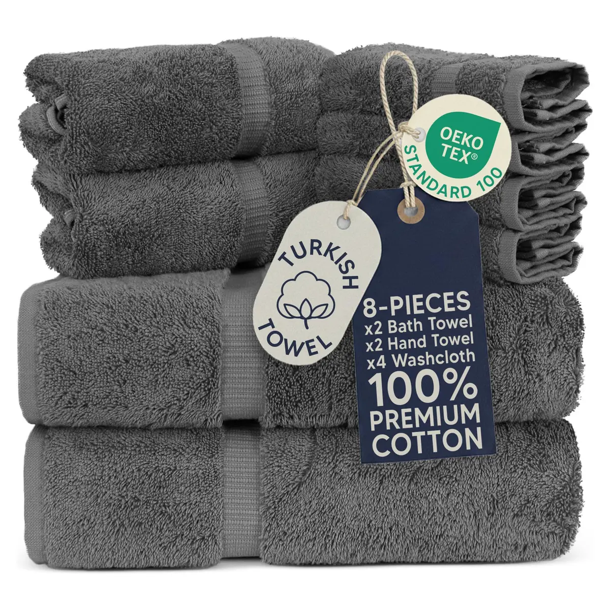Towel Bazaar 8-Piece Turkish Cotton Towel Set, Dark Gray | Premium Quality, Long-Lasting, Authentic - main product image