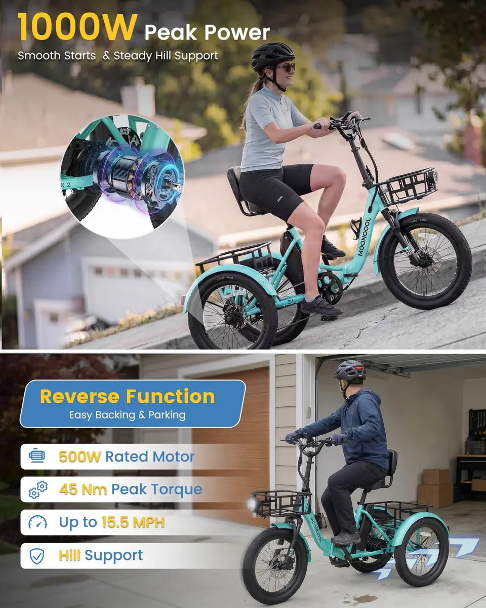 MOONCOOL Electric Trike for Adults 20" Fat Tire Folding | 500W 48V Aluminum Step-Through - view 5