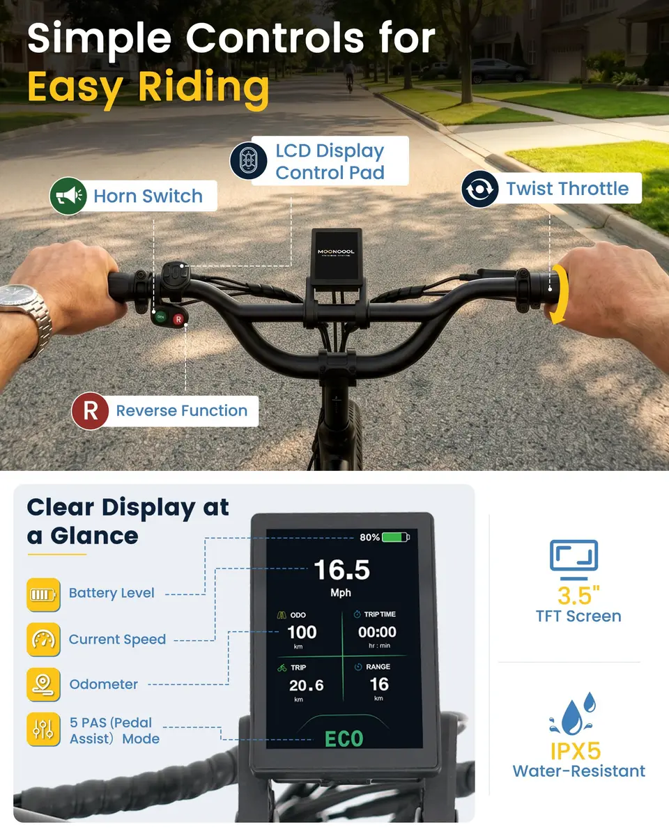 MOONCOOL Electric Trike for Adults 20" Fat Tire Folding | 500W 48V Aluminum Step-Through - view 7