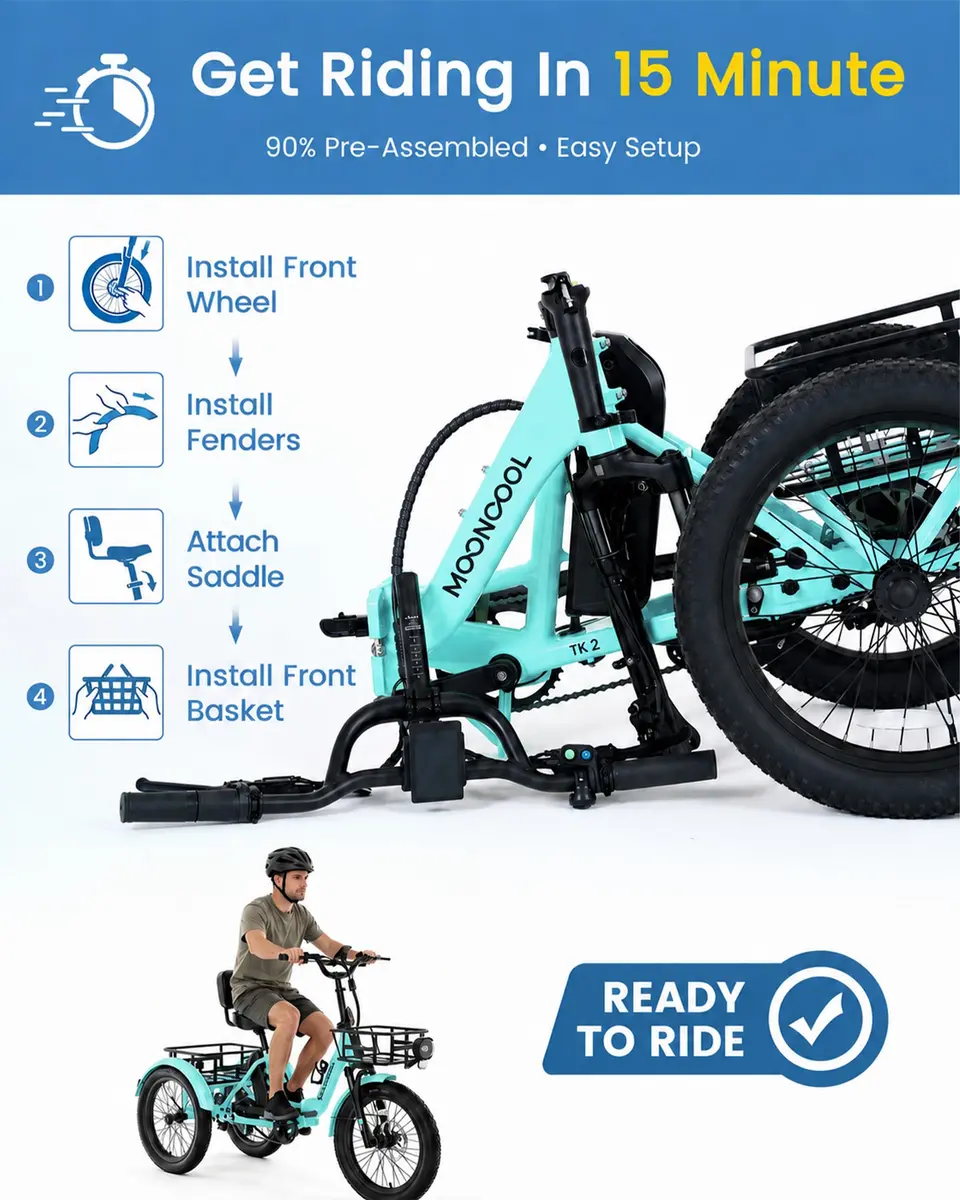 MOONCOOL Electric Trike for Adults 20" Fat Tire Folding | 500W 48V Aluminum Step-Through - view 8