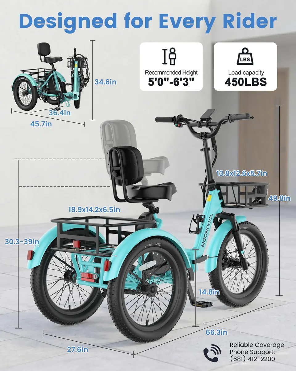 MOONCOOL Electric Trike for Adults 20" Fat Tire Folding | 500W 48V Aluminum Step-Through - view 9