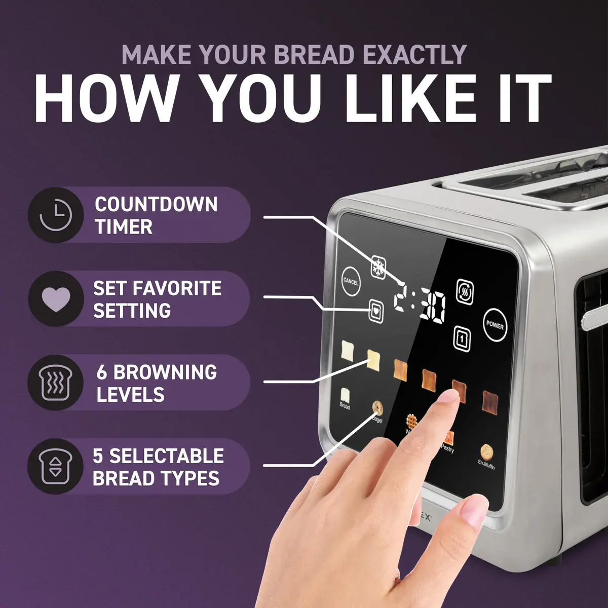 Nostalgia Inspirex Touch Screen Toaster - 2 Slice Extra-Wide Slots | 5 Bread Types & 6 Browning Levels - view 5