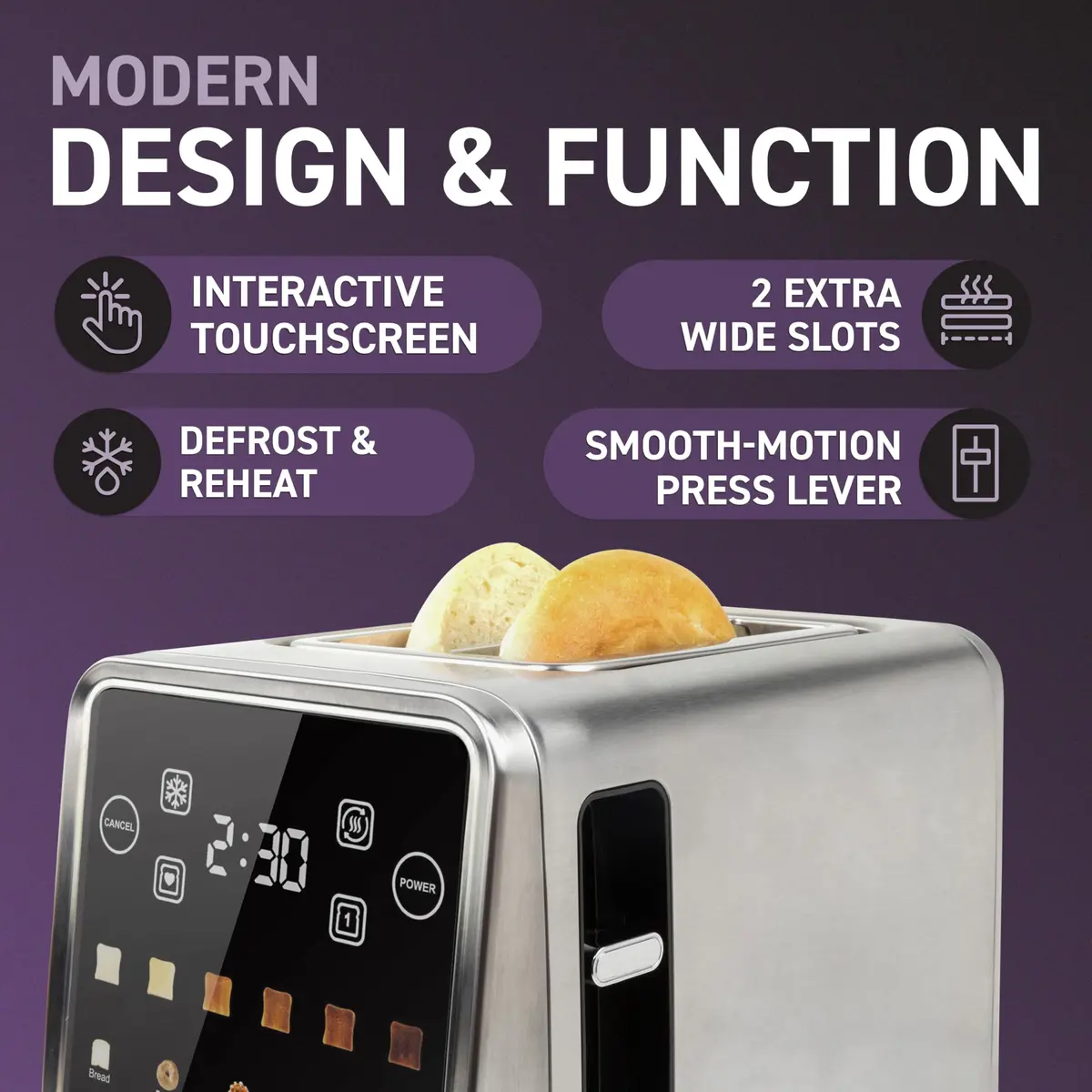 Nostalgia Inspirex Touch Screen Toaster - 2 Slice Extra-Wide Slots | 5 Bread Types & 6 Browning Levels - view 3