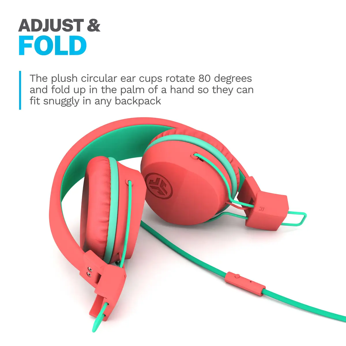 JLab JBuddies Studio Wired Kids Headphones with Mic, Volume Limiter, Foldable, Adjustable, Peach | Safe 85dB Listening for Ages 6+ - view 5