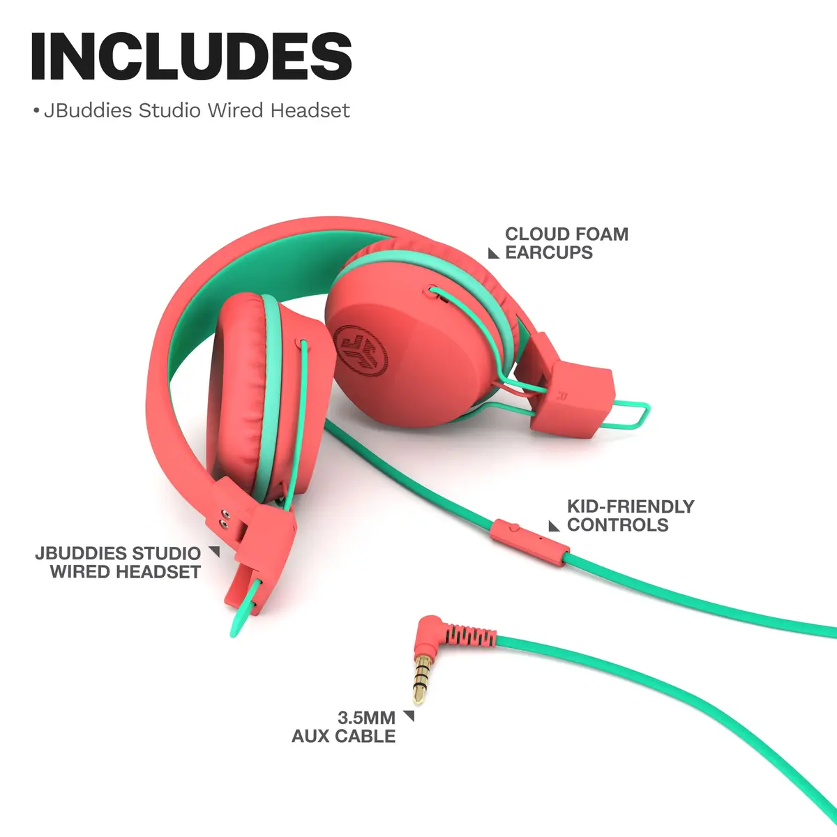 JLab JBuddies Studio Wired Kids Headphones with Mic, Volume Limiter, Foldable, Adjustable, Peach | Safe 85dB Listening for Ages 6+ - view 7