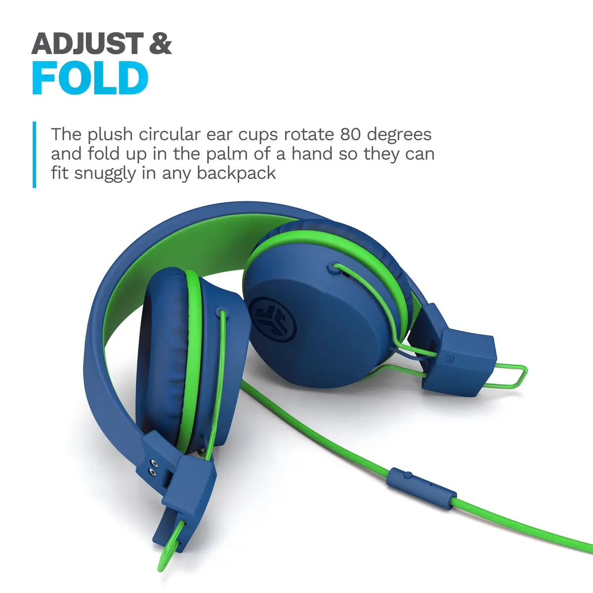 JLab JBuddies Studio Kids Wired On-Ear Headphones with Mic, Volume Limiter, Folding, Adjustable, Noise Isolation, Blue/Green (170g) - view 5