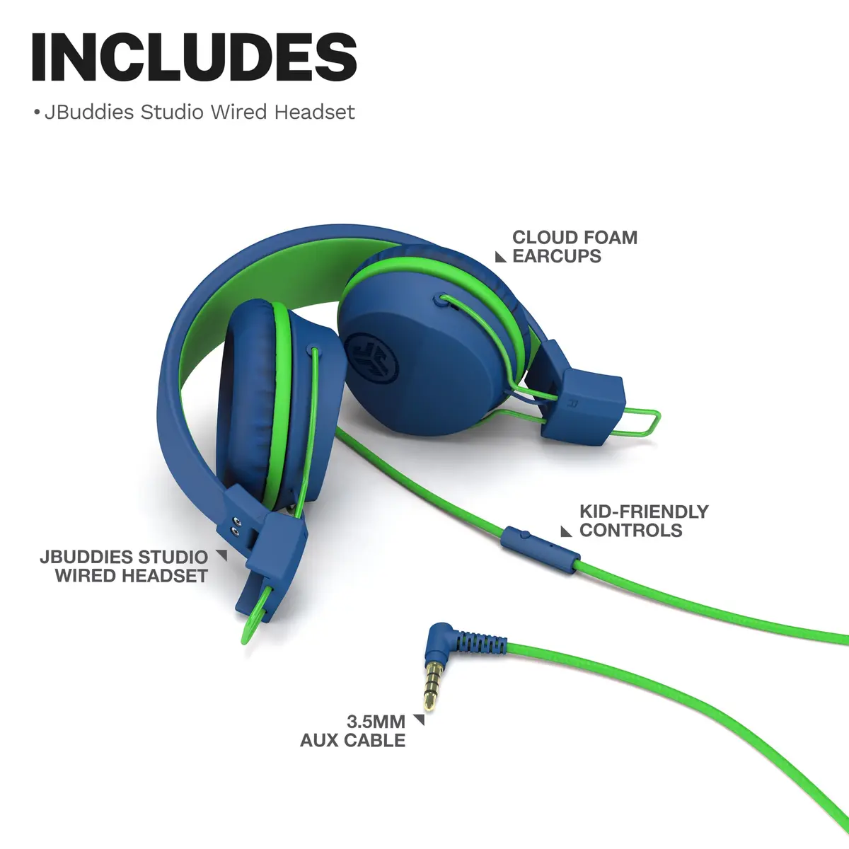 JLab JBuddies Studio Kids Wired On-Ear Headphones with Mic, Volume Limiter, Folding, Adjustable, Noise Isolation, Blue/Green (170g) - view 7