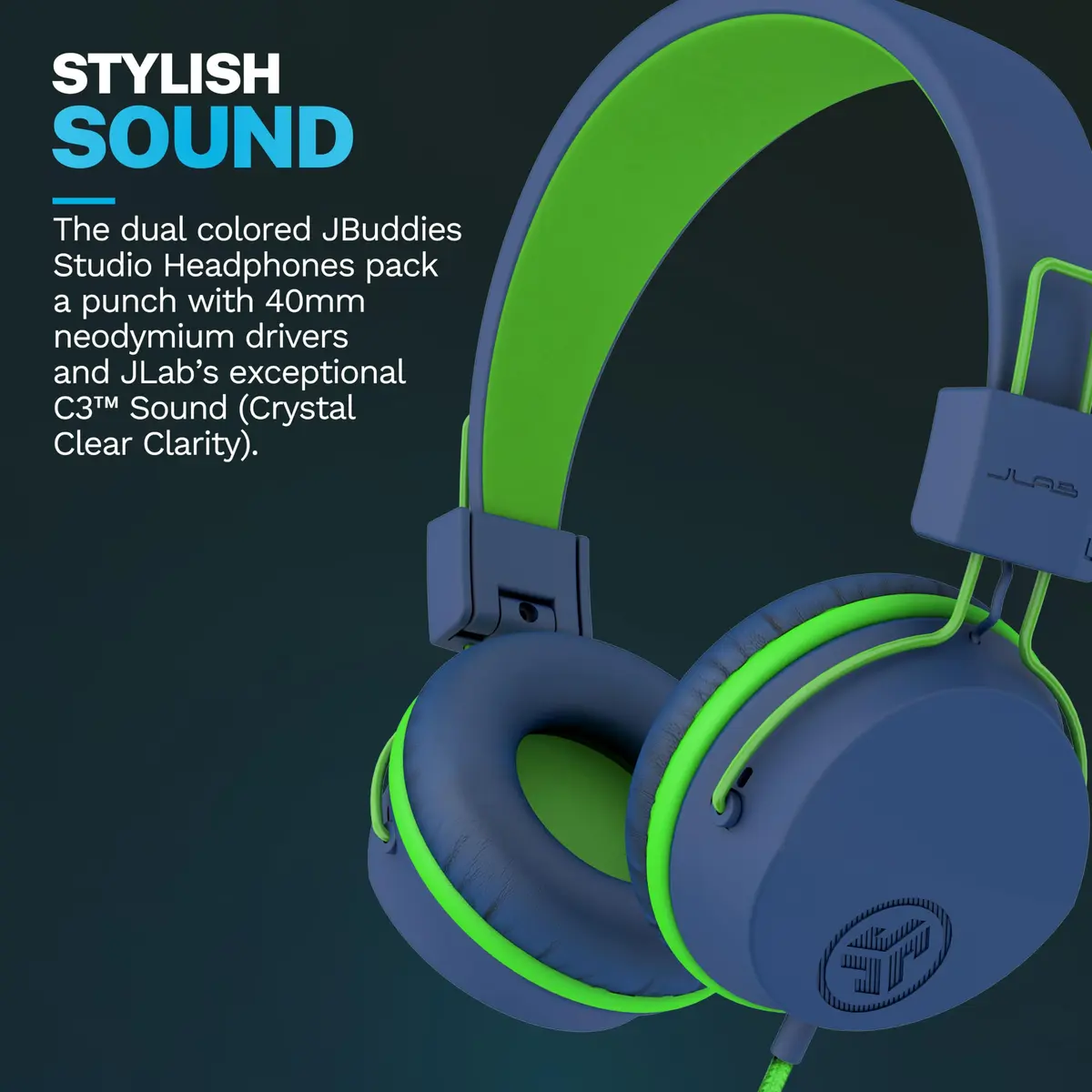 JLab JBuddies Studio Kids Wired On-Ear Headphones with Mic, Volume Limiter, Folding, Adjustable, Noise Isolation, Blue/Green (170g) - view 2