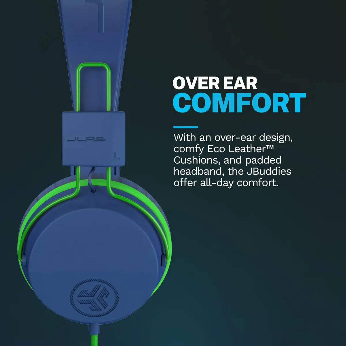 JLab JBuddies Studio Kids Wired On-Ear Headphones with Mic, Volume Limiter, Folding, Adjustable, Noise Isolation, Blue/Green (170g) - view 3