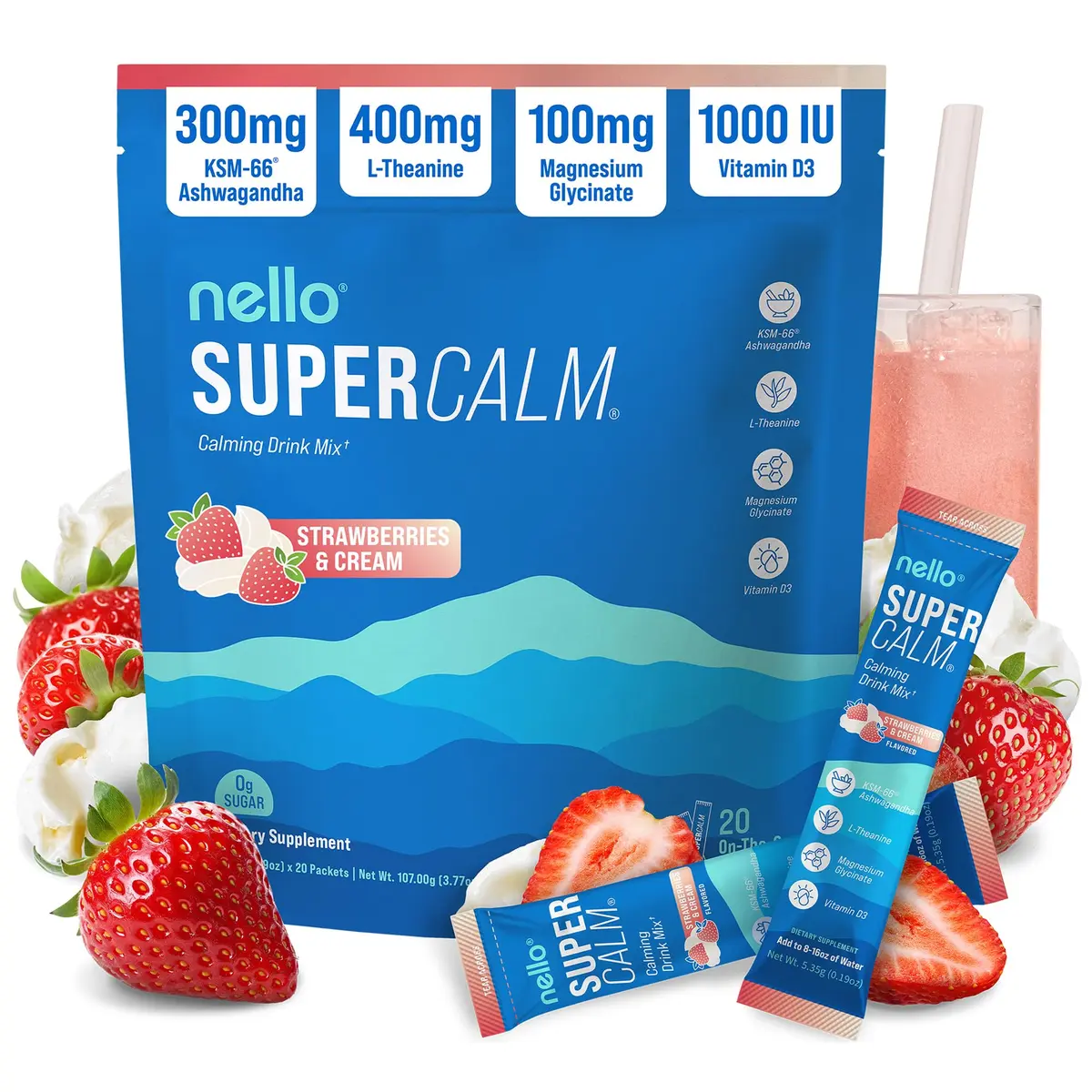 Nello Supercalm Powdered Drink Mix Strawberries & Cream 20 Servings (0.15 kg) | Cortisol Reducer & Sleep Aid - main product image