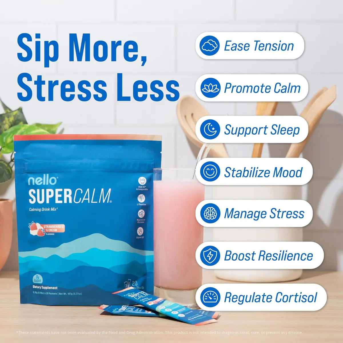 Nello Supercalm Powdered Drink Mix Strawberries & Cream 20 Servings (0.15 kg) | Cortisol Reducer & Sleep Aid - view 3