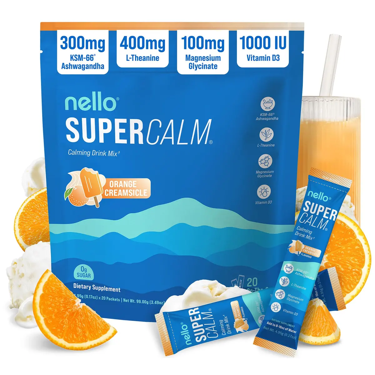 Nello Supercalm Powdered Drink Mix Orange Creamsicle 20 Servings (3 oz) | Cortisol Reducer & Sleep Aid with L-Theanine, Ashwagandha, Magnesium, Vitamin D - main product image