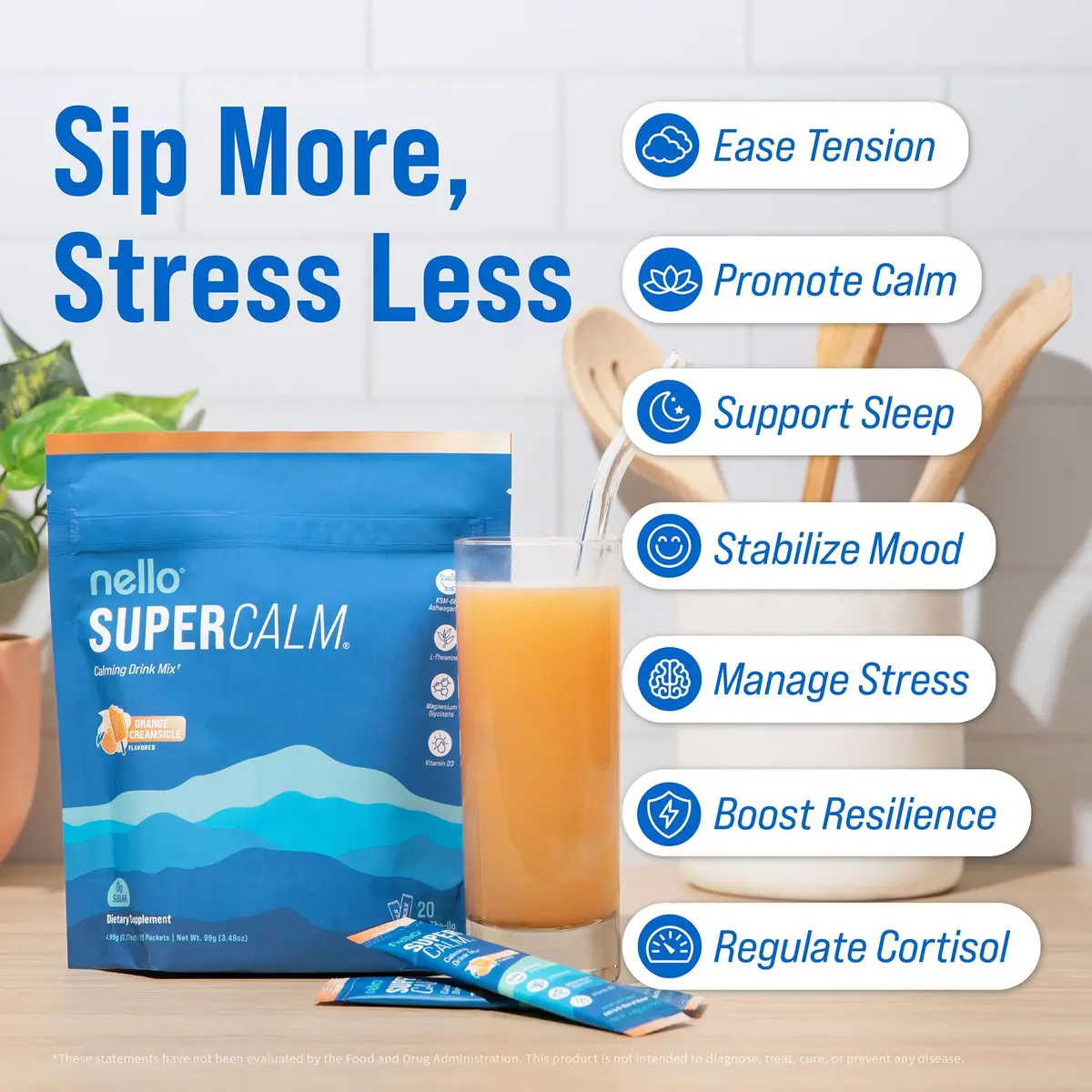 Nello Supercalm Powdered Drink Mix Orange Creamsicle 20 Servings (3 oz) | Cortisol Reducer & Sleep Aid with L-Theanine, Ashwagandha, Magnesium, Vitamin D - view 3