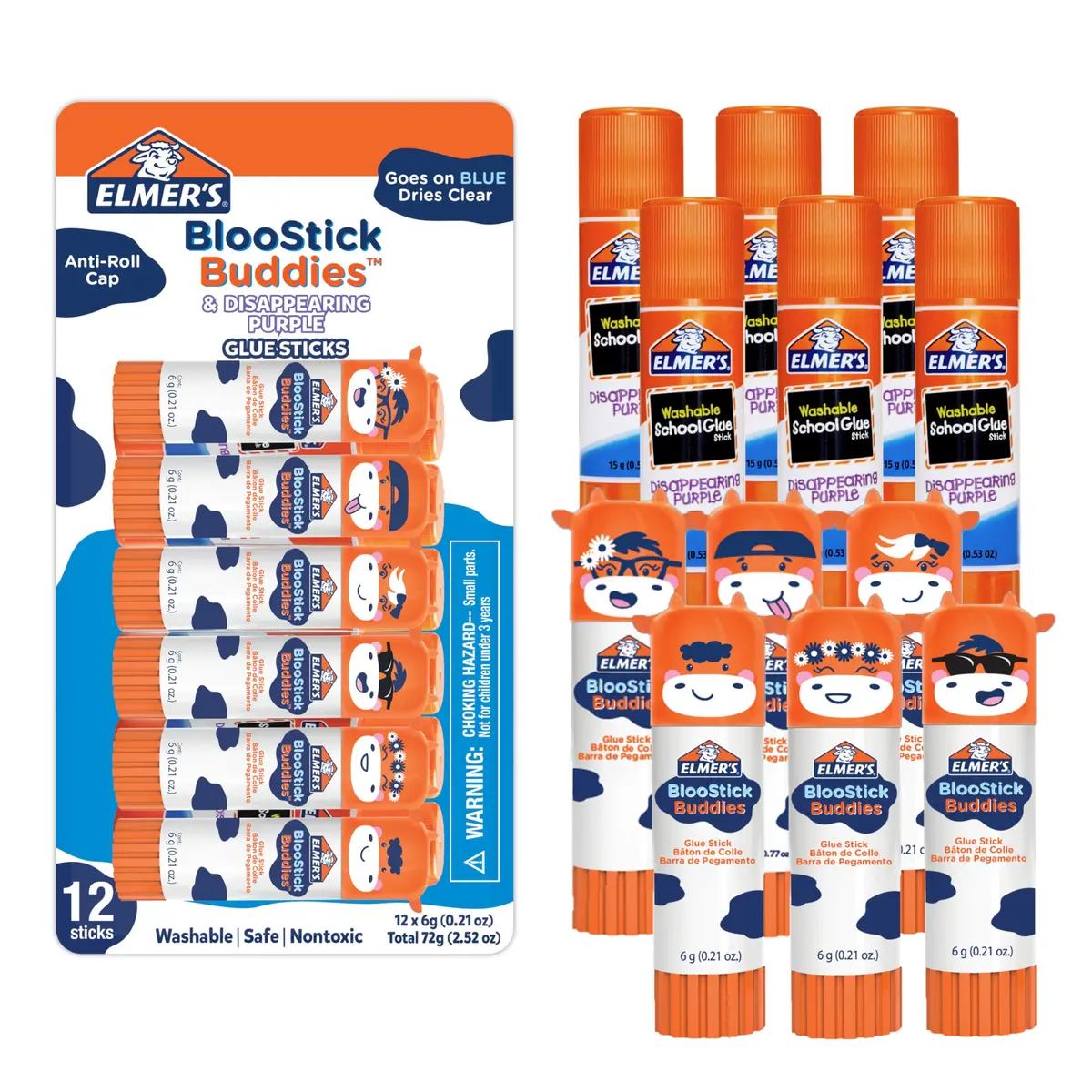 Elmer's Glue Sticks Combo Pack, BlooStick Buddies & Disappearing Purple, 12 Count (6g Each) | Fun, Washable School & Craft Adhesive - main product image