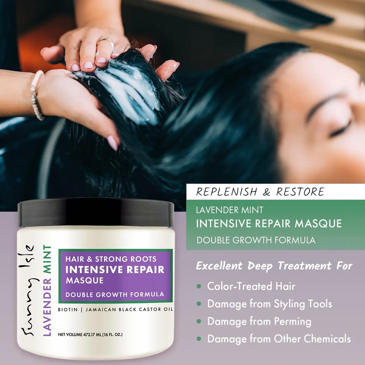 Sunny Isle Lavender Mint Hair & Strong Roots Intensive Repair Masque 16oz | Deep Nourishing Treatment for Damaged Hair - view 3
