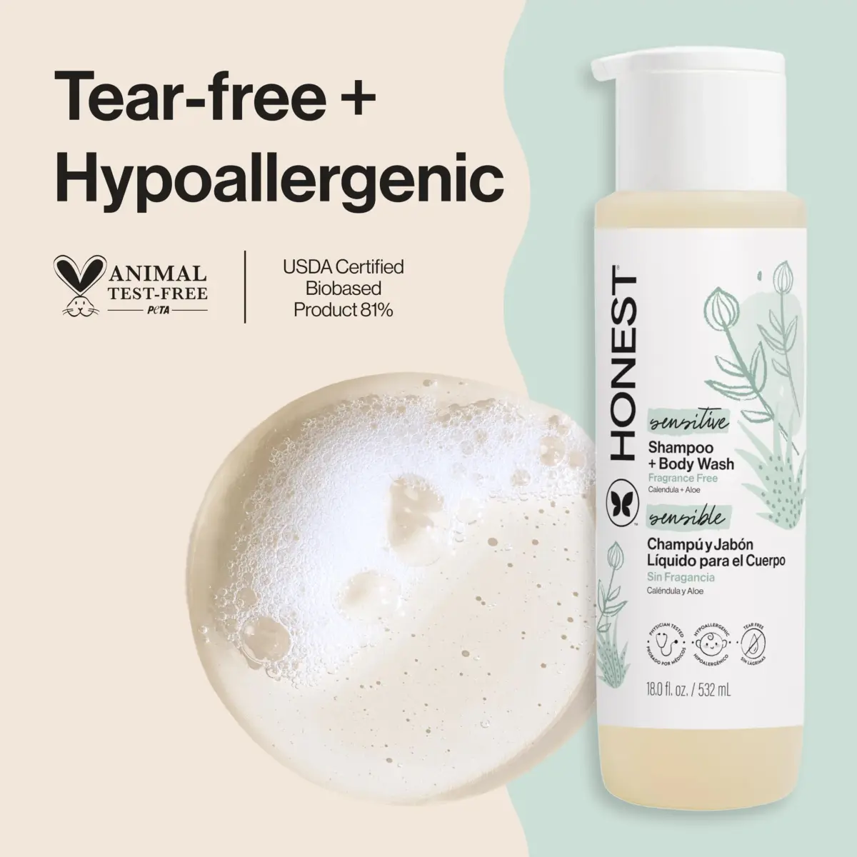 The Honest Company Fragrance-Free Shampoo & Body Wash 532ml (18 fl oz) | Gentle 2-in-1 for Sensitive Skin - view 2