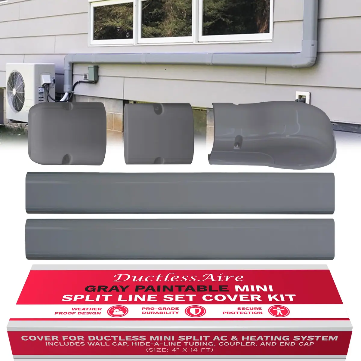DuctlessAire Mini Split Line Set Cover - Paintable Kit (Gray, 4" x 14 ft.) | Protects AC Lines & Tubing - main product image