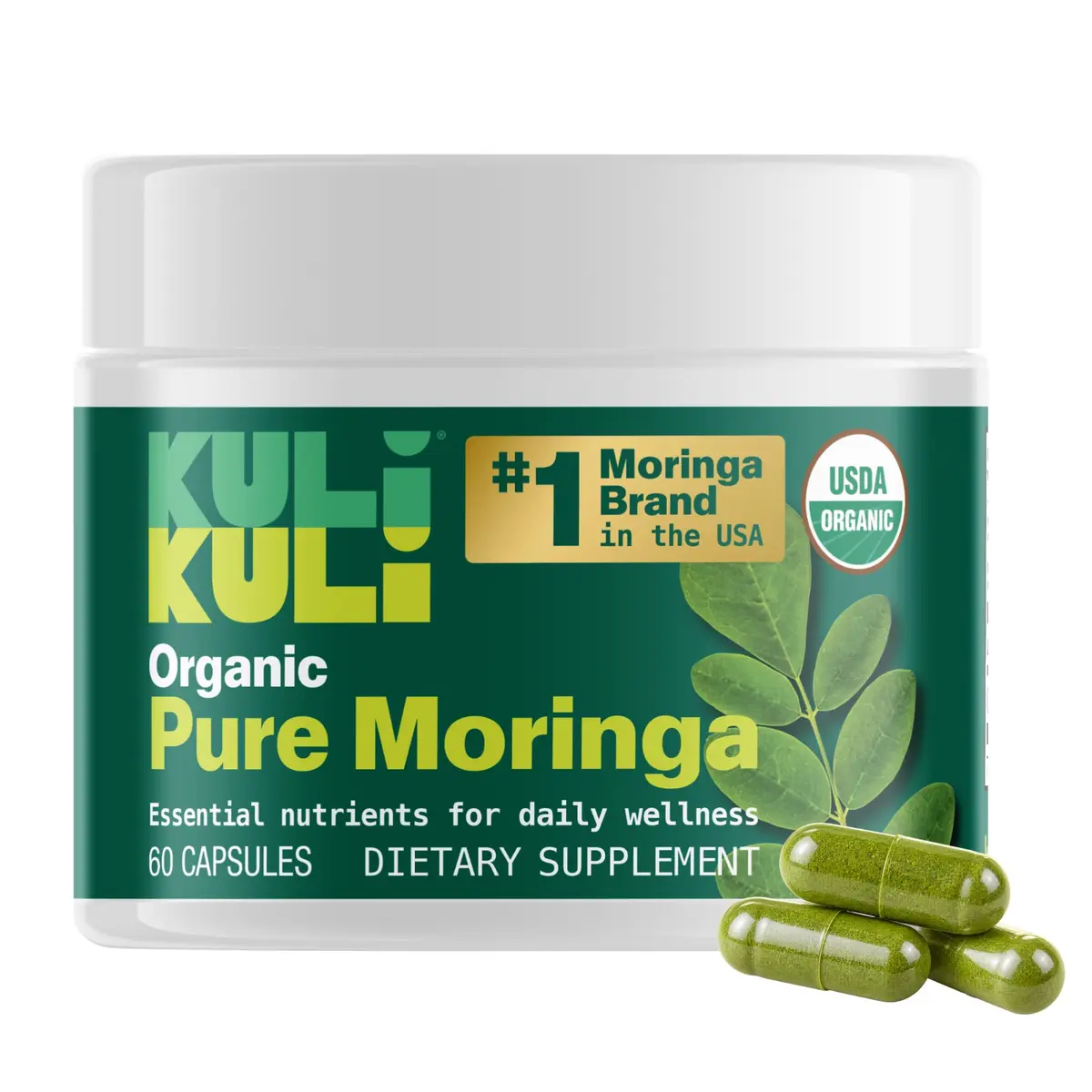 Kuli Kuli Organic Moringa Capsules 1000mg | Pure Leaf Supplement, 60 Count, Vegetarian, USDA Organic - main product image