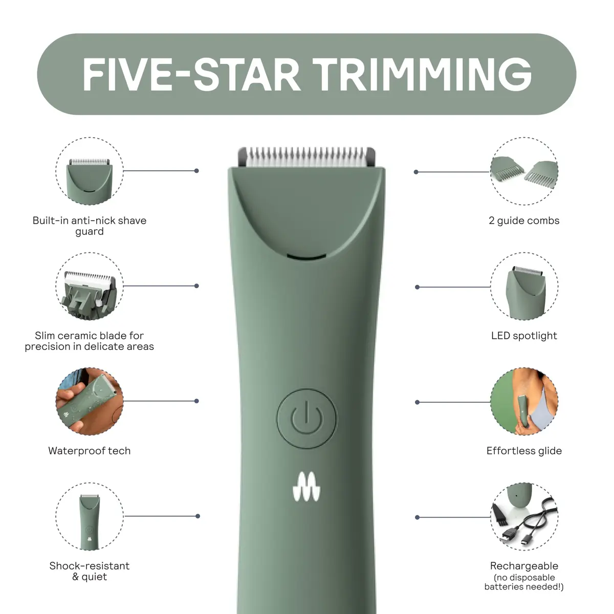 MERIDIAN The Slimmer Trimmer Waterproof Bikini Trimmer for Women Sage | Gentle, Cordless & Travel-Ready - view 2
