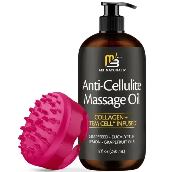 M3 Naturals Anti Cellulite Massage Oil 8 fl oz (237ml) with Silicone Body Brush Kit | Collagen & Stem Cell Infused - main product image