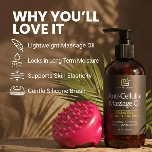 M3 Naturals Anti Cellulite Massage Oil 8 fl oz (237ml) with Silicone Body Brush Kit | Collagen & Stem Cell Infused - view 6