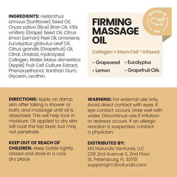 M3 Naturals Anti Cellulite Massage Oil 8 fl oz (237ml) with Silicone Body Brush Kit | Collagen & Stem Cell Infused - view 2