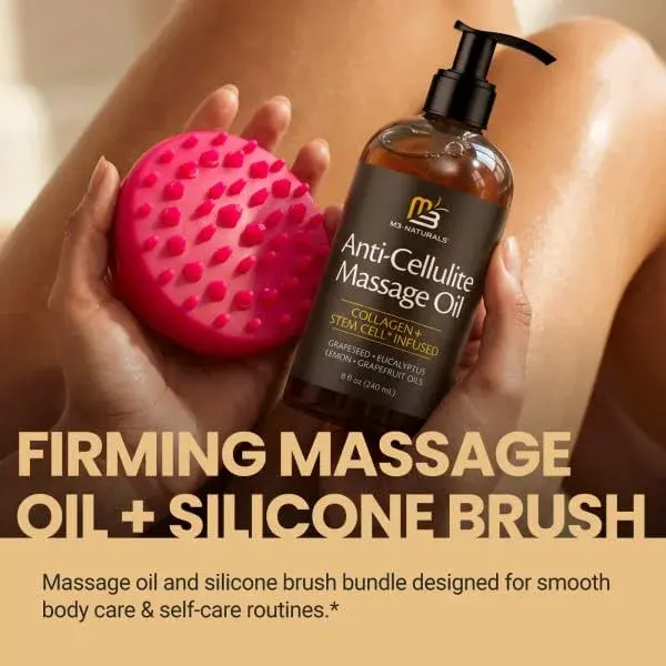 M3 Naturals Anti Cellulite Massage Oil 8 fl oz (237ml) with Silicone Body Brush Kit | Collagen & Stem Cell Infused - view 3